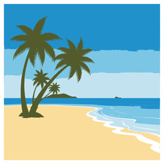 Fototapeta premium Beach scene illustration with palm trees and ocean waves under blue sky