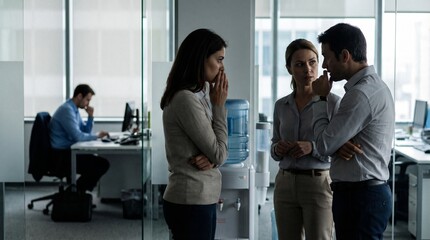 Obraz premium Subtle Office Politics Scene with Whispering Colleagues and Isolated Worker in Modern Workspace