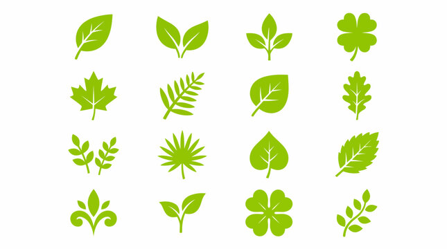 Collection of green leaf icons and plant silhouettes for nature design, eco branding, and wellness projects