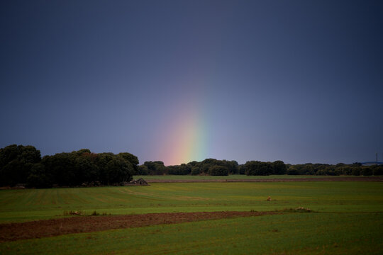 Arco&iacute;ris naciendo en un campo verde bajo un cielo de tormenta oscuro