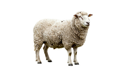 Fototapeta premium White sheep stands alone on a white background. The sheep is shaggy and has a tag on its ear