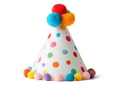 White background, polka dot birthday hat with rainbow colored dots and colorful pom poms on top.