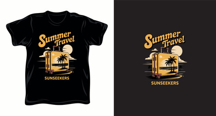 Fototapeta premium Summer travel sunseekers t-shirt design with suitcase showing tropical beach scene inside at sunset.
