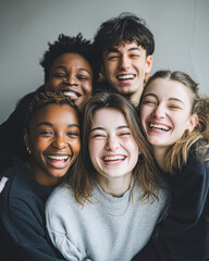 Fototapeta premium Four diverse young adults smiling and hugging closely, radiating joy and friendship in a warm, casual setting.