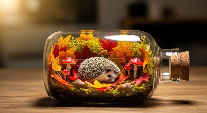 Hedgehog in a Bottle with Autumn Leaves.