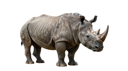 Obraz premium Rhino standing on a white background. The rhino is large and has a horn on its head