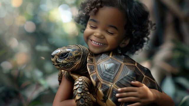 A young child cradling a turtle in her arms, a heartwarming moment of connection and care