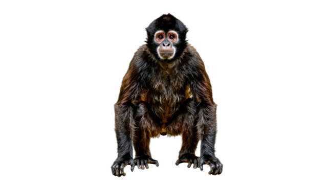 Monkey is standing on its hind legs and looking at the camera. The image has a serious and focused mood, as the monkey appears to be staring directly at the viewer