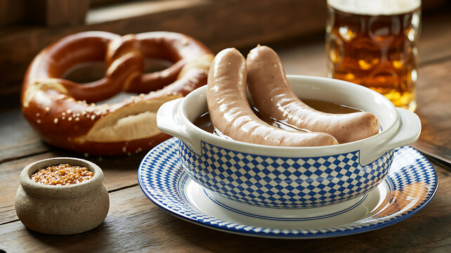 Traditional german white sausages weisswurst in broth, served with pretzel, sweet mustard, beer on wooden table.