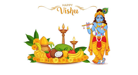Vishu Kani, a traditional arrangement of auspicious items for the Kerala new year, is depicted in a vibrant vector illustration alongside a Krishna figure playing the flute, set © Rizki