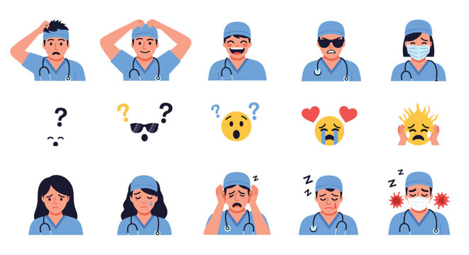Comprehensive set of medical worker characters with different facial expressions and various healthcare icons.