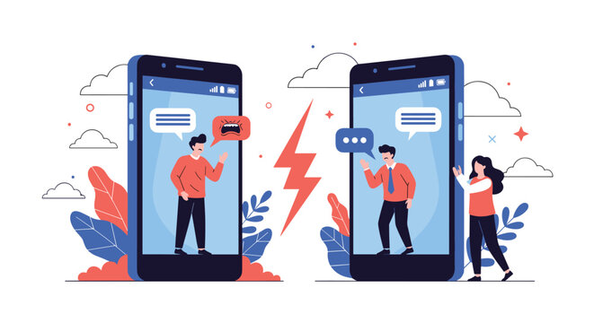 Online conflict concept with two men arguing through smartphone screens and a red lightning bolt symbol between them.