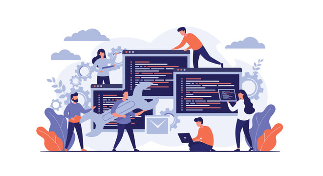 Professional web development team working together to write code and fix bugs for software applications on large windows.