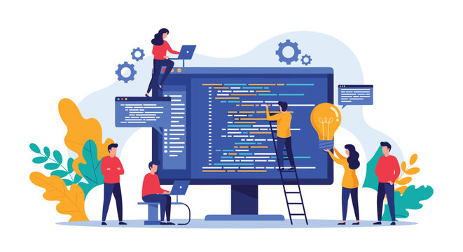 Computer programming concept with software developers working together on a large monitor screen filled with complex lines of code.