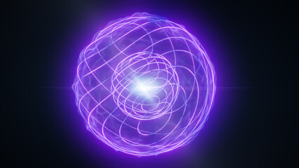 Glowing purple energy sphere with layered orbit lines and radiant core, futuristic digital network abstraction on dark background © Bolbik