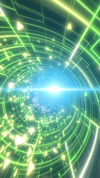 Glowing green circular tunnel with geometric lines and scattered triangle particles, forming a bright sci-fi portal effect.