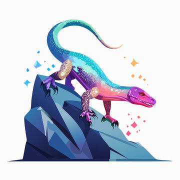 Colorful Dinosaur Lizard Standing on Rock with Sparkles and Crystals Illustration