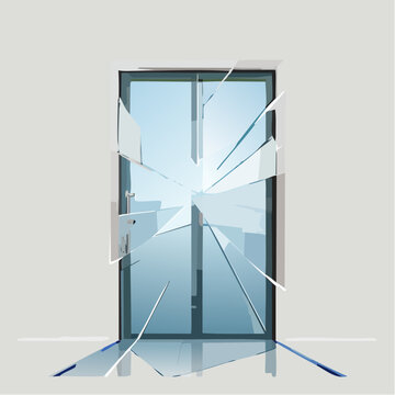 Shattered glass door in a modern building hallway, reflecting a cityscape
