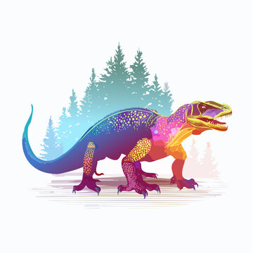 Vibrant and colorful dinosaur illustration with a forest background