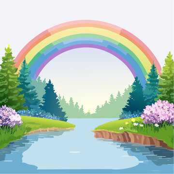 Vibrant Rainbow Arches Over a Serene River Valley Surrounded by Lush Green Trees and Blooming Flowers