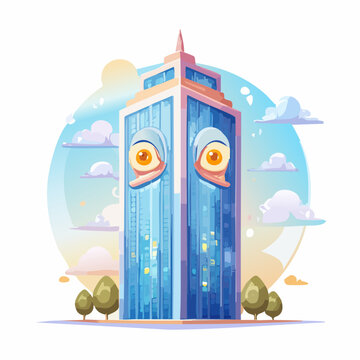 Vibrant Illustrated City Skyscraper with Personality, Featuring Expressive Eyes and a Whimsical Urban Vibe