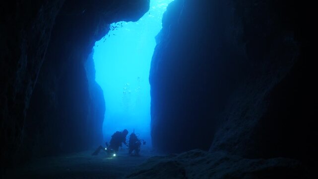 scuba diver photographer taking photos in cave underwater dark cave 