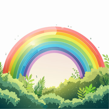 Vibrant rainbow arching over lush green foliage with subtle musical notes