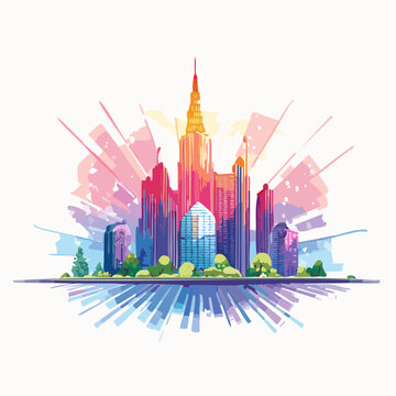 Vibrant city skyline illustration with colorful watercolor splashes and abstract light rays