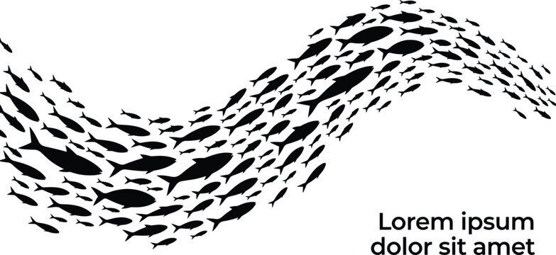 Large School of Fish Swimming in Wave Formation Silhouette, Marine Life Vector Illustration, Underwater Animal Grouping, Ocean Wildlife SEO Graphic Design