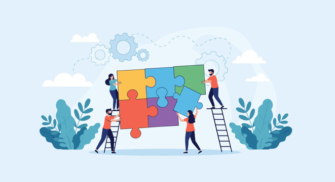 Diverse team of professionals working together to assemble large colorful jigsaw puzzle pieces representing unity.