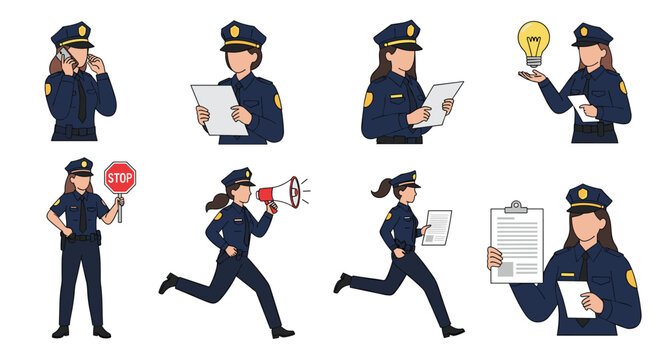 Collection of female police officer characters in various professional actions like patrolling, running, and reporting.