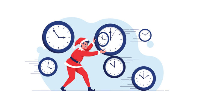 Stressed Christmas elf in a red suit trying to stop or push back giant clocks during a busy holiday deadline.