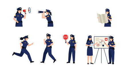 Fototapeta premium Collection of female police officers performing various duties such as running, using a megaphone, and binoculars.