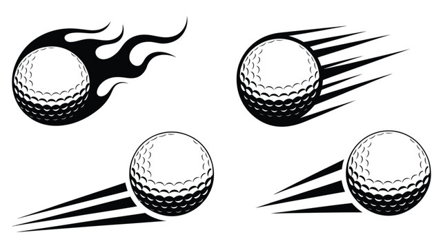 Flying golf ball sport icons, clean line and flat vector illustration collection featuring airborne golf ball, motion