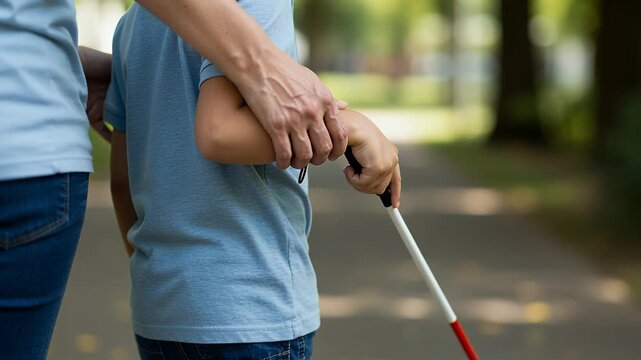 Adult female hand gently guiding a blind child learning orientation with a white cane outdoors