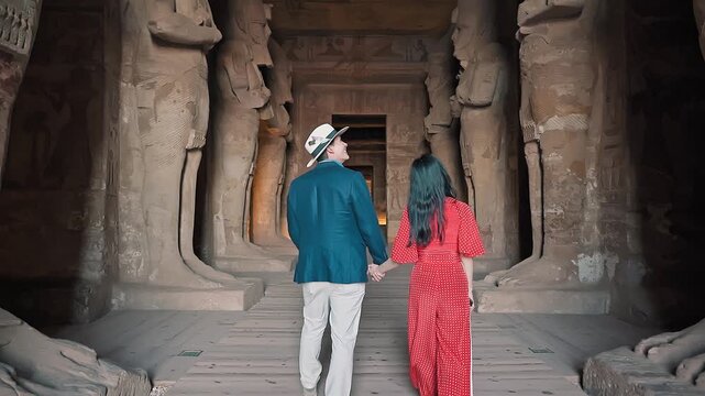 american young man traveler wearing white hat with his wife with red dress exploring ancient Egyptian abu simble temple with background of ramsses ii statues. Egypt.