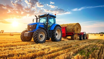 Obraz premium Blue tractor harvests hay