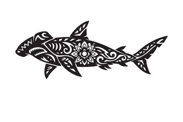 Fototapeta premium Tribal Shark Silhouette with Ornamental Floral Pattern Vector Illustration
