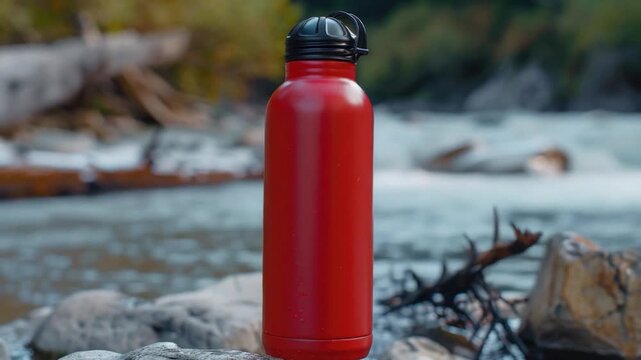 A lone water bottle sits atop a rock beside a serene river, waiting for its owner's return