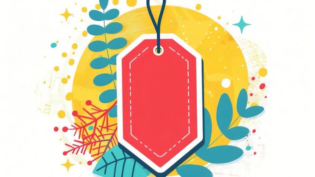 A small red price tag hangs from a string in the air, ready for attachment to an item