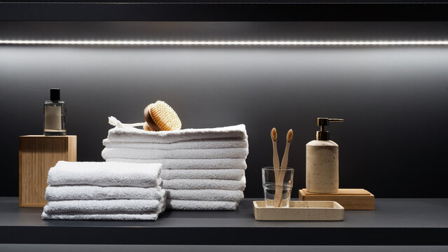 Modern bathroom shelf with white towels and wooden hygiene accessories