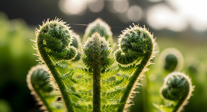 Emerging fiddleheads a close up view of unfurling fern fronds in springtime
