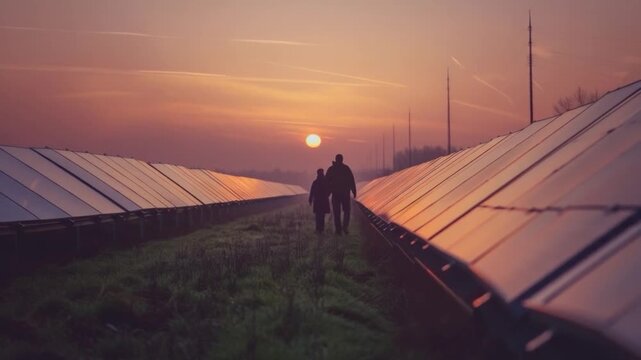 A group of people standing in front of solar panels, a renewable energy source