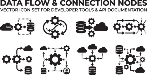 Obraz premium Data flow and connection nodes vector icon set for developer tools plus api documentation technical architecture system. Vector Illustration