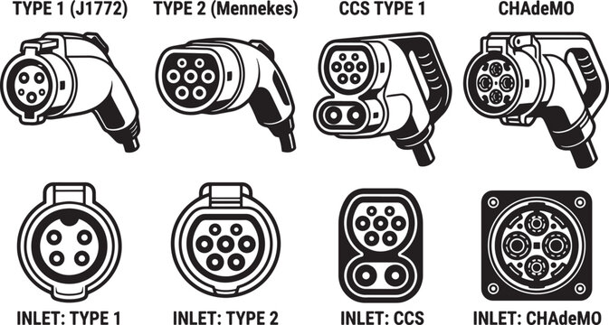Electric vehicle charging plug connector and inlet socket types collection showing j1772 mennekes ccs and chademo pins. Vector Illustration