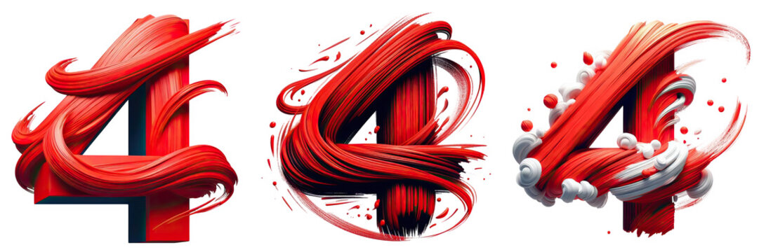 3d red number four with dynamic splatter and glossy effect on white background