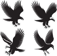 Fototapeta premium four black eagle silhouettes flying isolated on white background