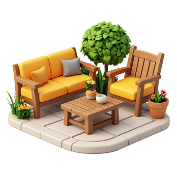 Terrasse avec mobilier de jardin et plantes, sc&egrave;ne en 3 d