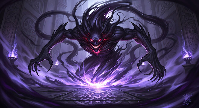 Mysterious dark entity with glowing violet energy swirling around its form