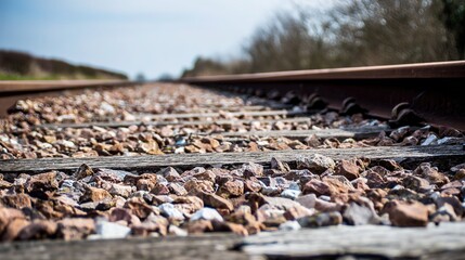 Naklejka premium Railway Trackbed Receding into Distance under Clear Sky, Strong Perspective Lines Converging at Vanishing Point, Neat Gravel and Wooden Sleepers, Natural Daylight
